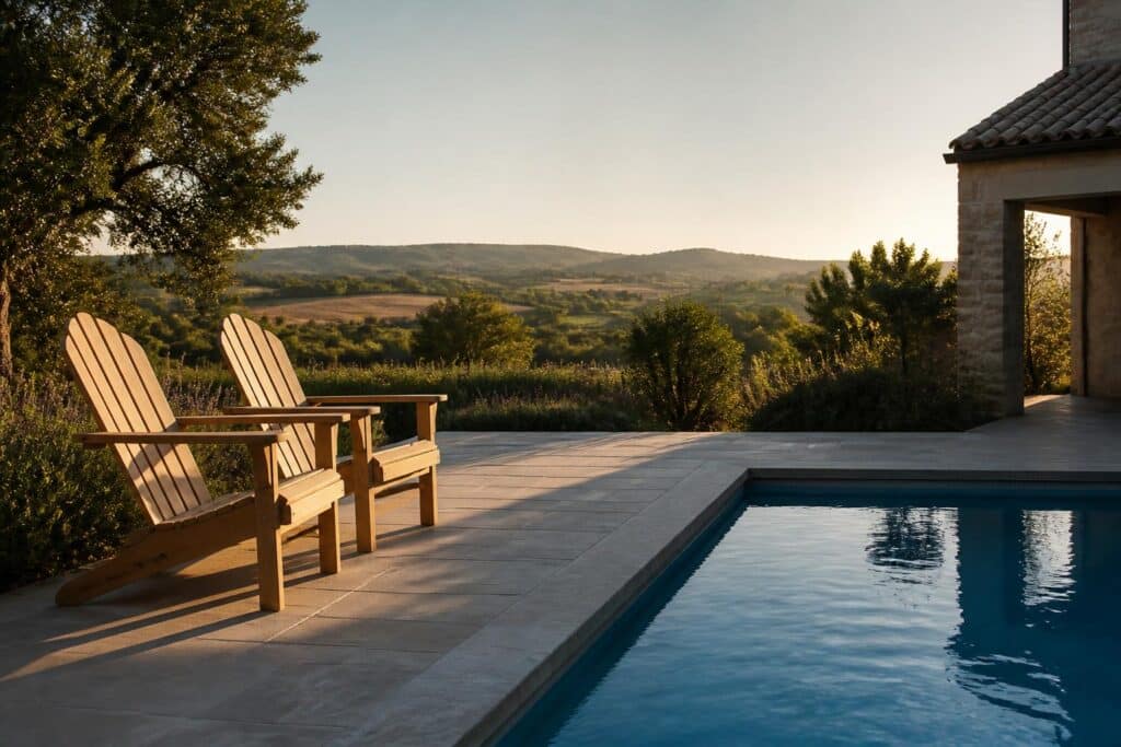 Two adirondack chairs on a pool deck with clear blue water, wide shot