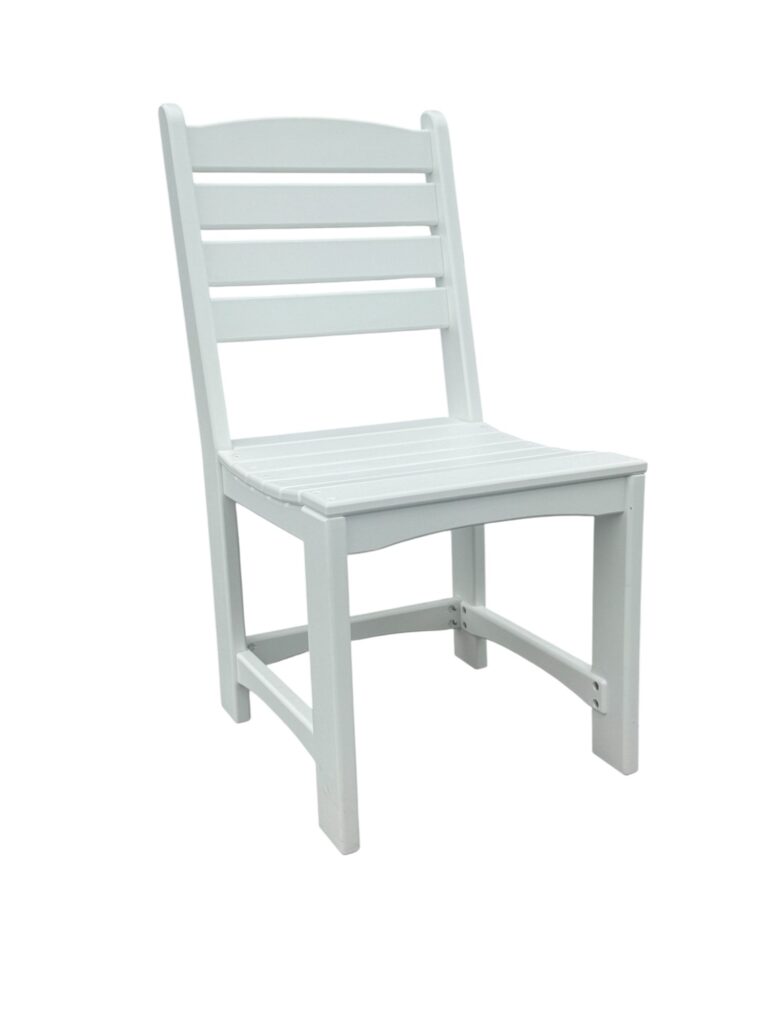 White armless plastic patio dining chair