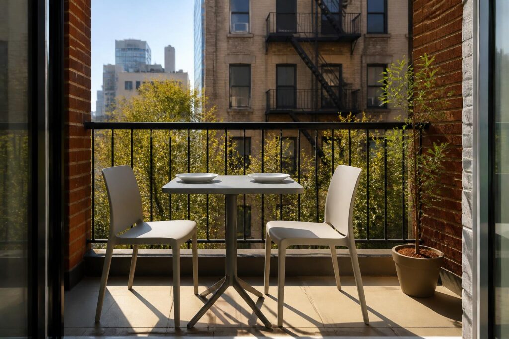 A small city balcony with a dining-height compact bistro table set with two plain white plates and two slim armless plastic dining chairs