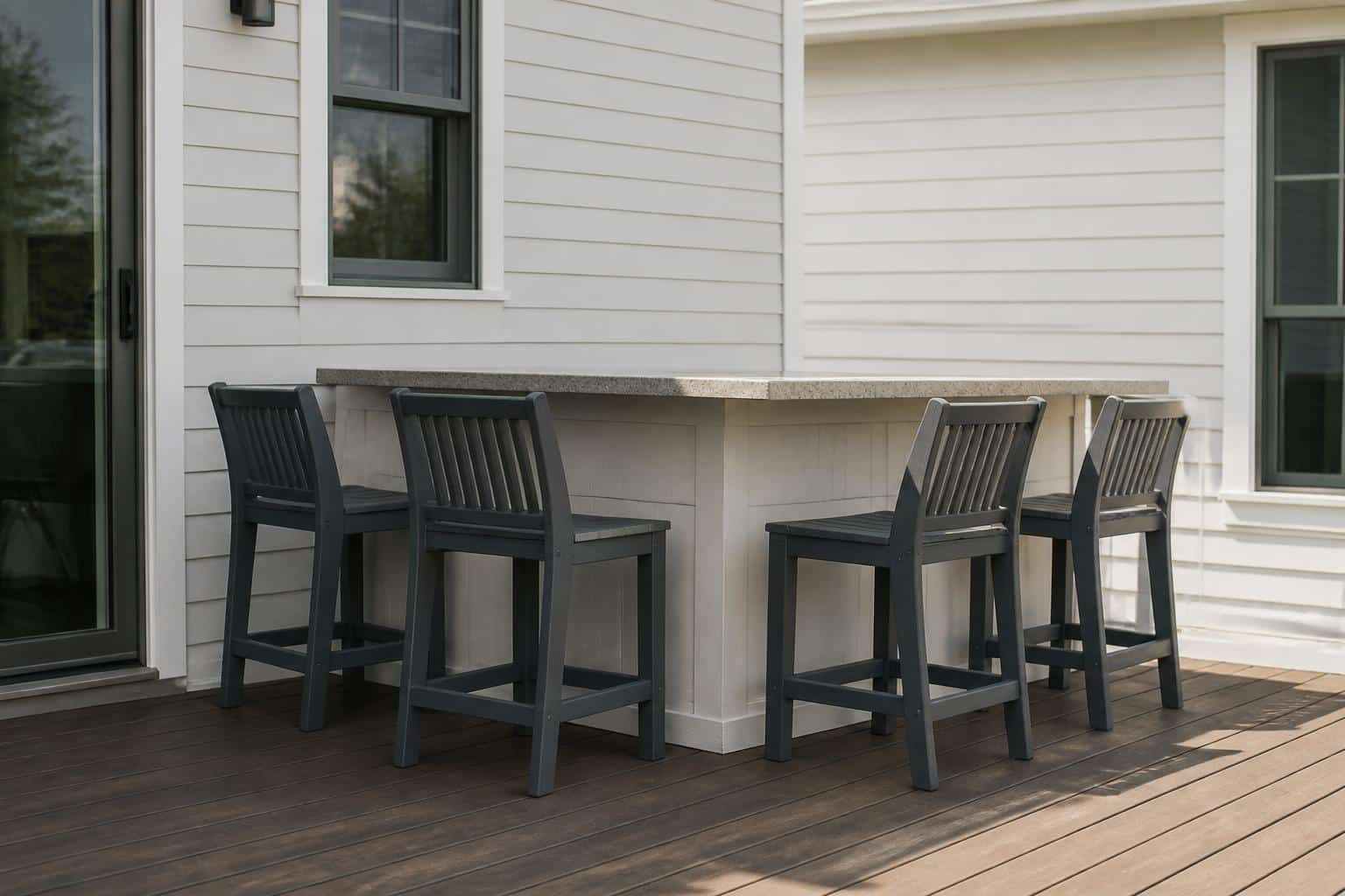 Counter stools placed clear of outdoor kitchen appliances