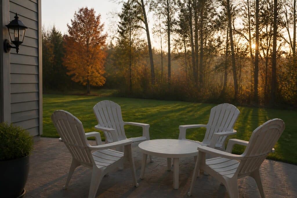 Well-kept plastic furniture set on a patio with seasonal trees behind