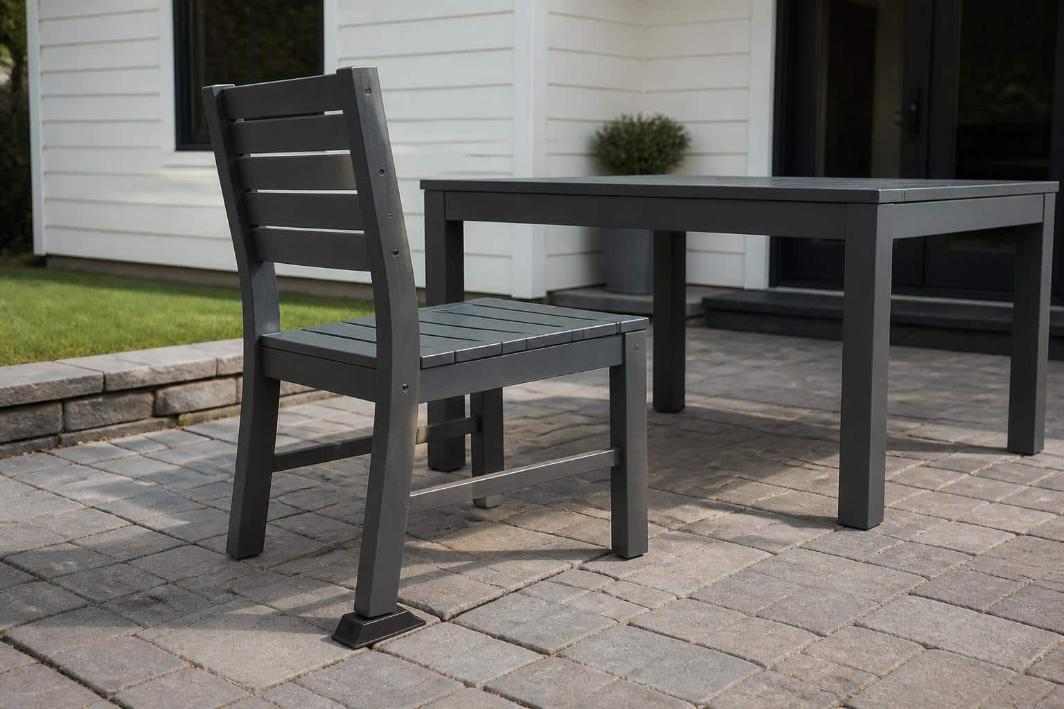 Chair and end table on uneven patio pavers