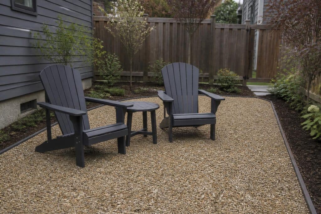Marine Grade Polymer chairs on a pea gravel seating area