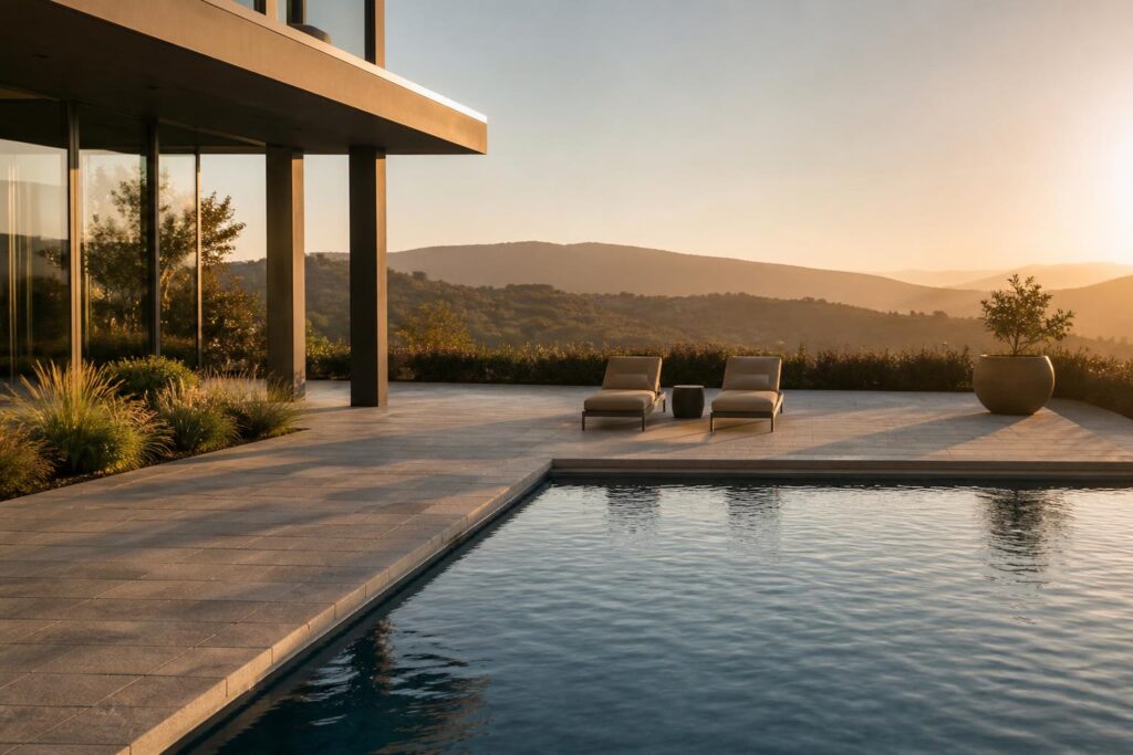 Clean pool deck with chairs set back from the water line