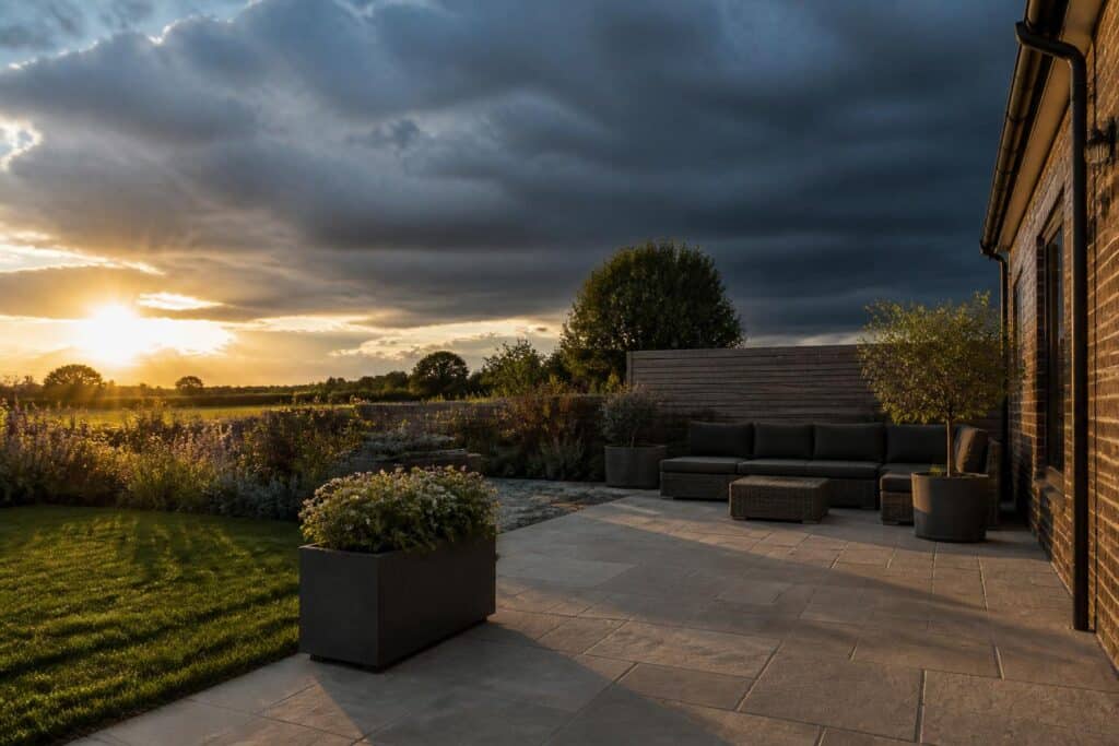 Dark storm clouds approaching over a tidy patio