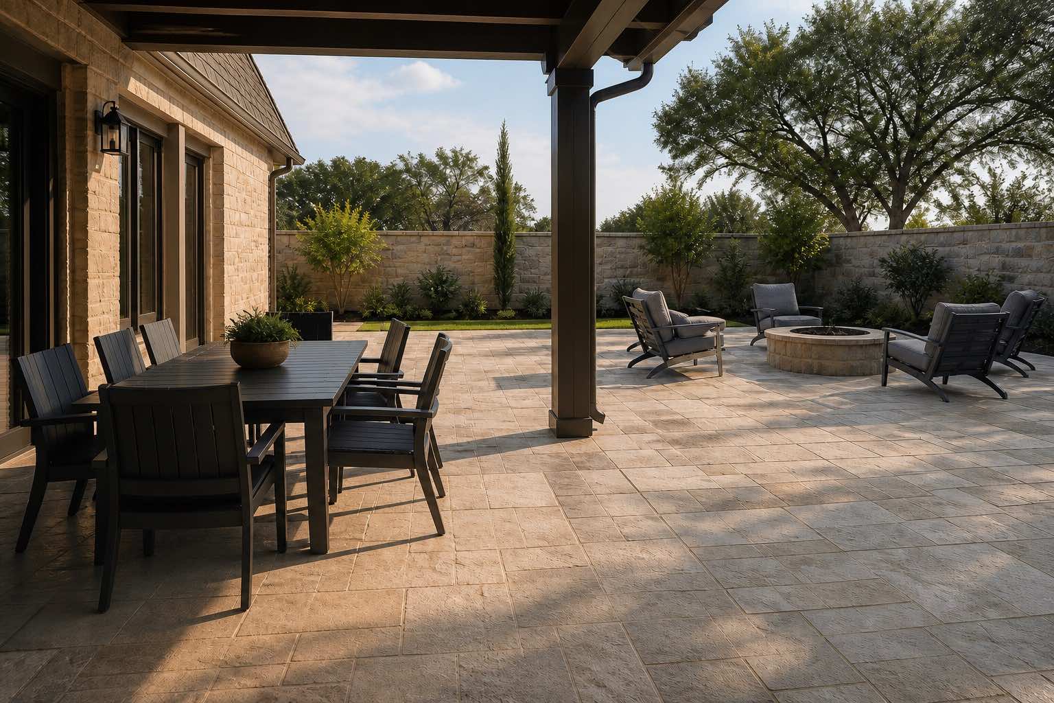San Antonio stone patio with dining and lounge areas divided between shade and sun