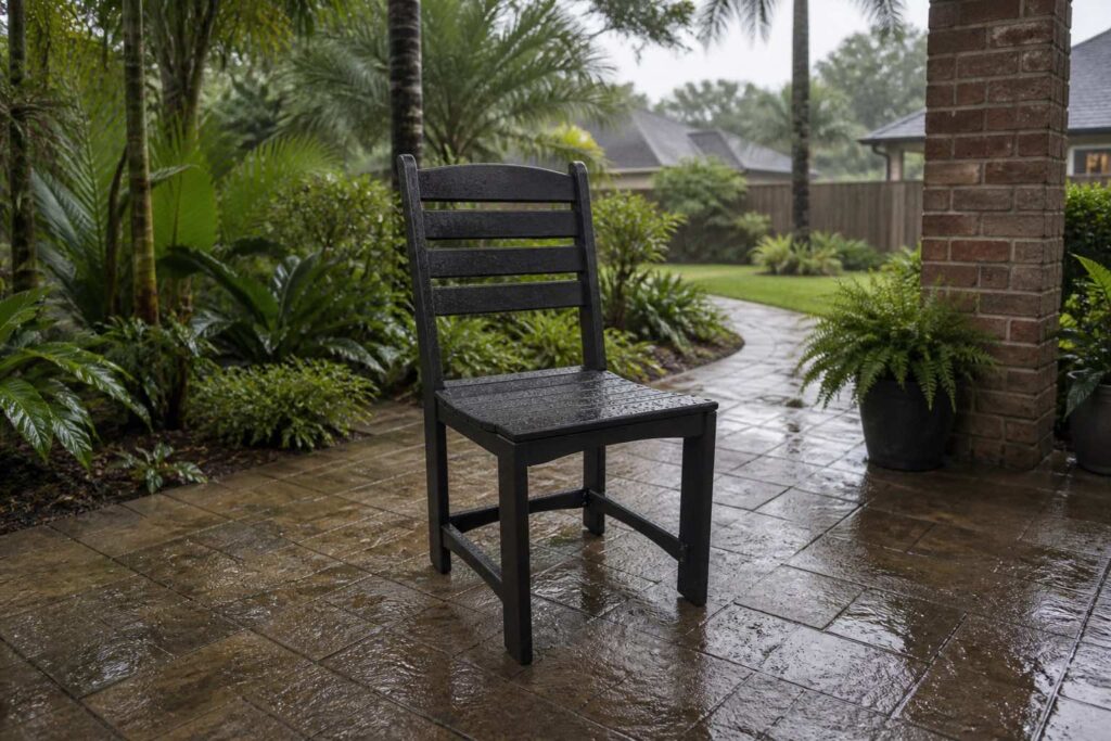 Black Marine Grade Polymer chair on a rain-wet Houston patio